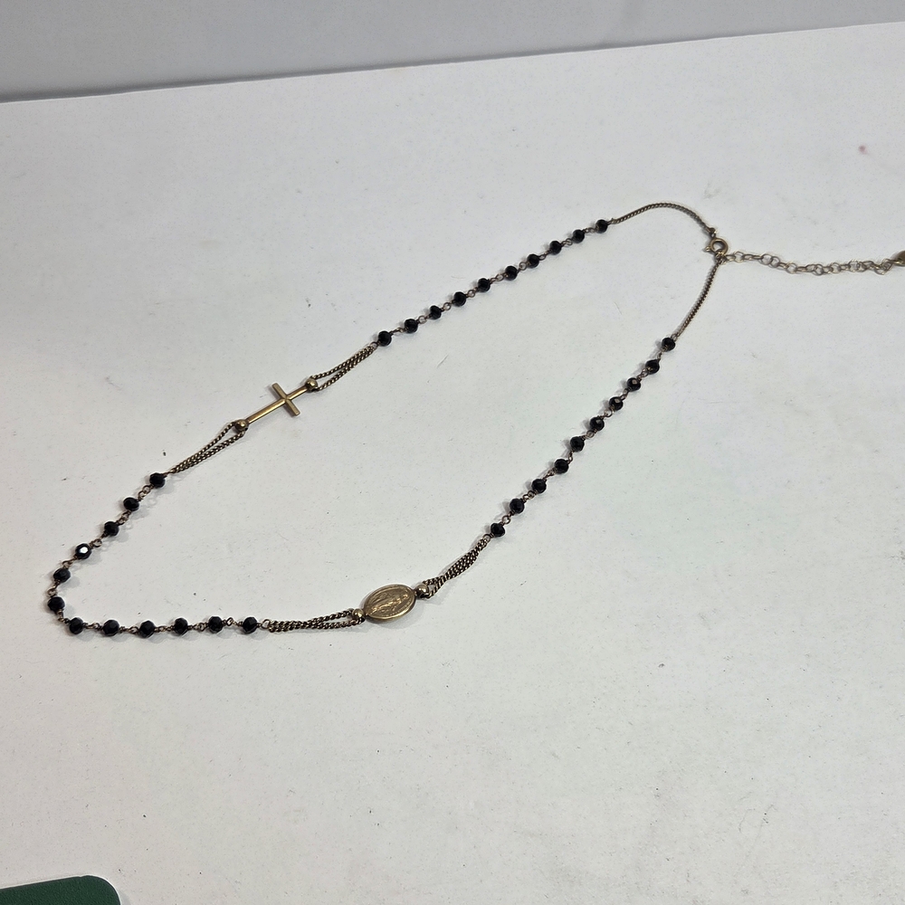 vtg religious rosary necklace 925 italy dyadema black glass Beaded virgin mary